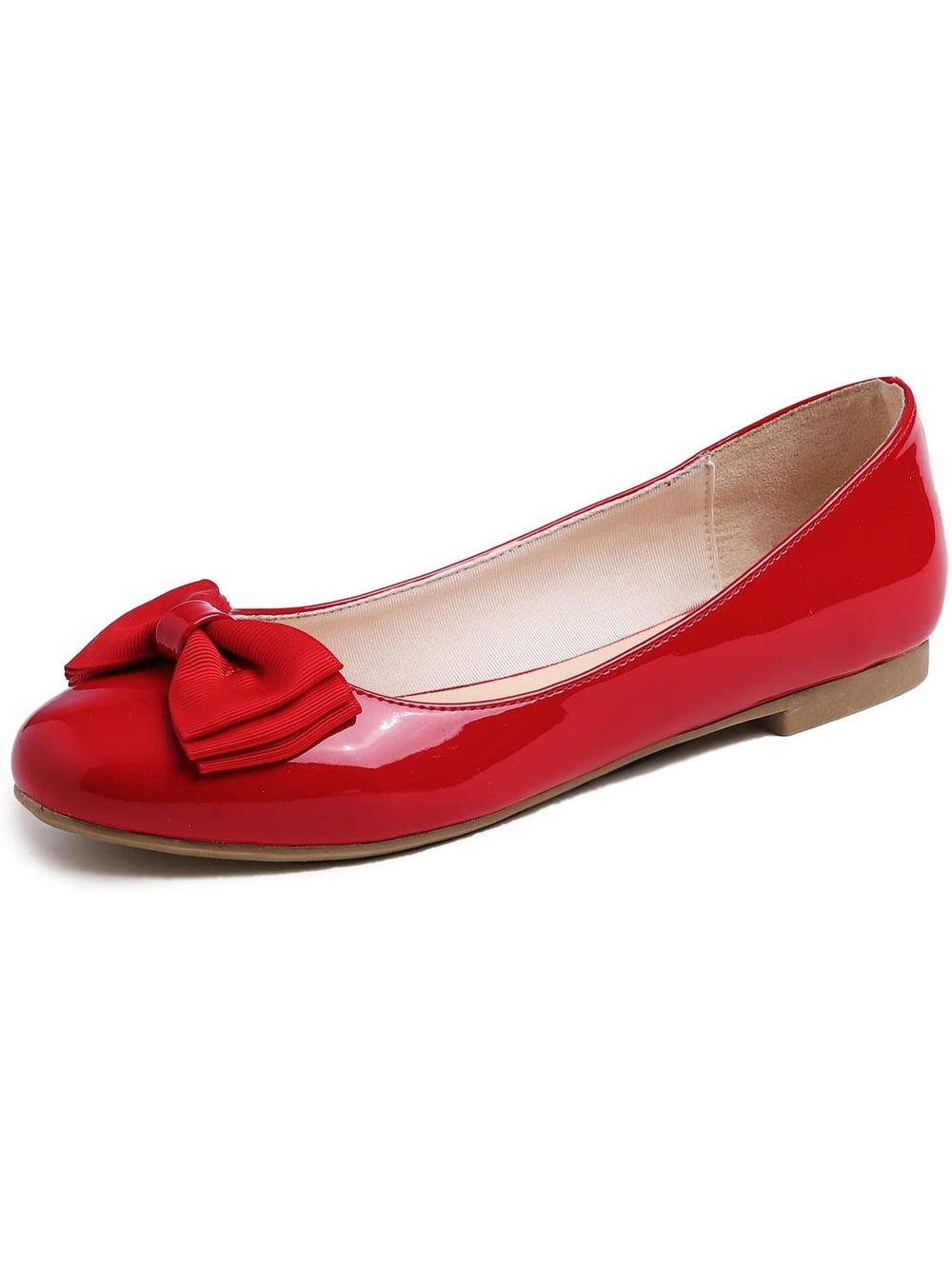 Women's Red Patent Tri-bow Round Toe Cute Grosgrain Bow Trim Classic Ballet Flat